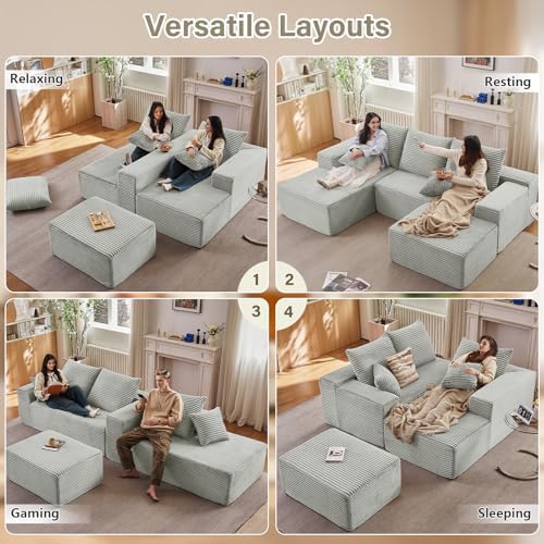 Lakifun 107" L-Shape Sofa with Ottoman, Modern Modular Sectional Comfy U-Shape Cloud Couch, Deep Seat, Upholstered Corduroy Sleeper Chaise Longue for Living Room Bedroom, No Assembly Required, Grey