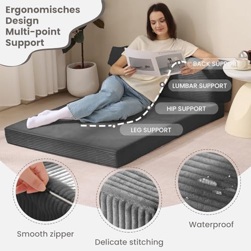 JUIKURY Folding Sofa Bed, Convertible Sleeper Chair with Pilow Foldable Matress, 2 in 1 Pull Out Loveseat Sofa Portable Fold Out Chair Bed Floor Couch Lounge for Living Room Bedroom (Grey, Full)