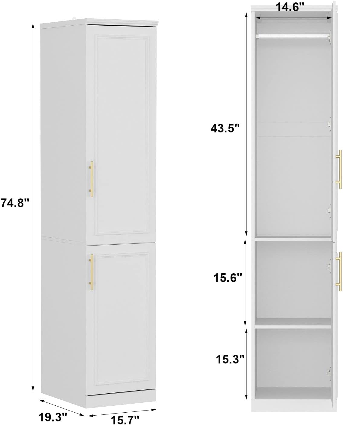 Slim Wardrobe Armoire with Clothing Rod and Storage Shelves, Narrow 2-Door Armoire Closet with Gold Handles, Shaker Style Tall Corner Clothing Cabinet, White 15.7" W x 19.3" D x 74.8" H