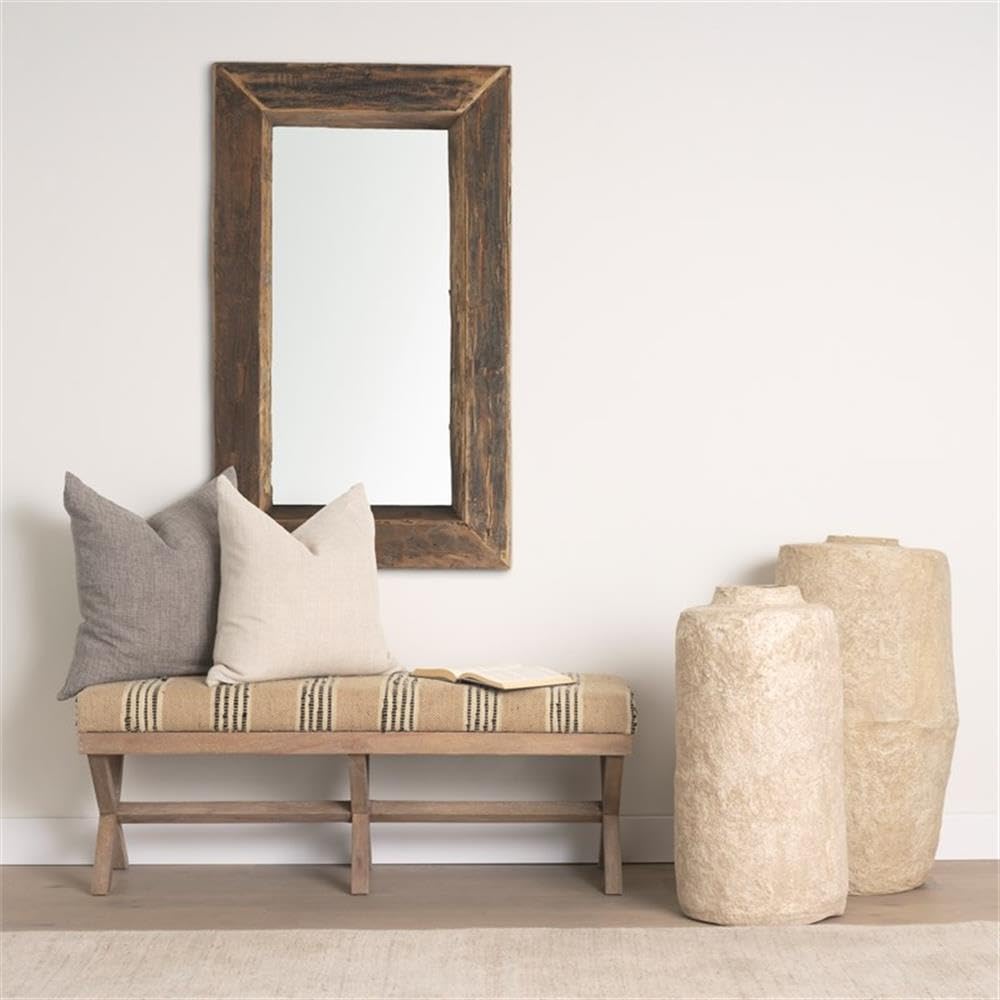 Pemberly Row Upholstered Accent Bench, 50L x 16W x 18.8H, Mango Wood Base, Beige/Black Stripe Jute Cushion, Farmhouse Global-Inspired Design, Versatile Kitchen or Living Room Seating