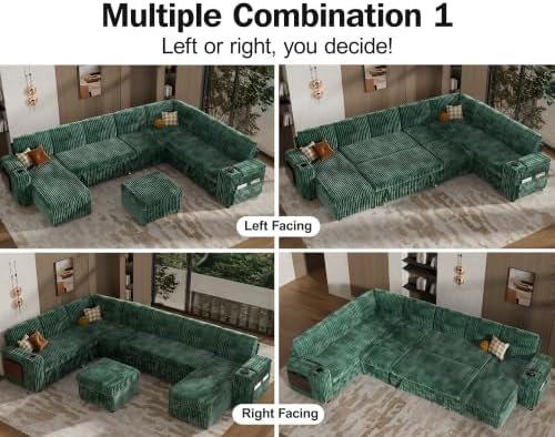 Vipbear 130" Modular Sectional Sleeper Sofa with Pull Out Bed, 9 Seat Corduroy L Shaped Couch with Ottoman and Chaise|USB Ports|Cup Holders|Side Table, Tool Free Assembly, Green