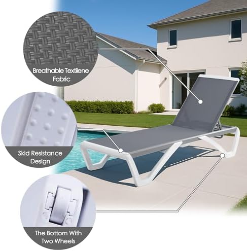 Kozyard 3-Piece Outdoor Chaise Lounge Set Fully Flat Adjustable Lounger | Aluminum Frame & Resin Legs, Textilene Fabric for Poolside, Backyard & Beach Gray, 2 Chairs + Table