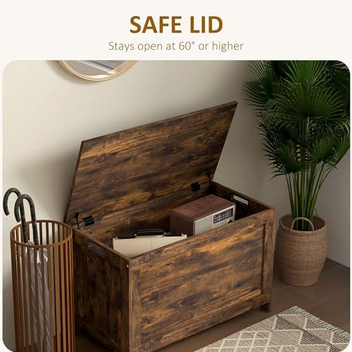 HOMCOM Storage Bench Cut-Out Handles 29.9" x 15.7" x 18.9" Rustic Brown | Storage Chest, 2 Safety Hinges, Modern Wooden Trunk, Living Room, Entryway