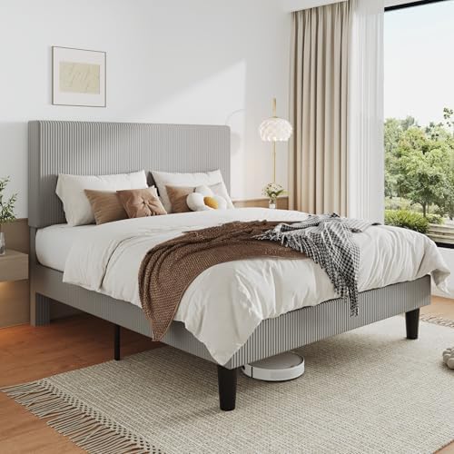 Allewie Full Bed Frame, Corduroy Tufted Headboard, Light Grey