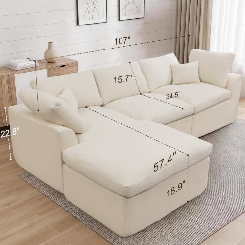Korser 110" Cloud Sectional Couches for Living Room, Modern Modular Sectional Sofa with Ottoman, Cloud Couch with Comfy Deep Seats, Fluffy Chenille L-Shape Sofa Couch for Living Room, Beige