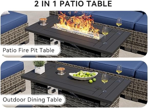 Aoxun 10-Piece Sectional Sofa with 44" Fire Pit, 4" Thicken Cushion, Widen Armrests Wicker for Backyard with Coffee Table, Blue