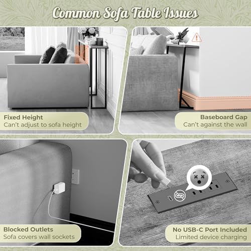 Huuger 110.2 Inch Sofa Table with Power Outlets, Skinny Behind Couch Table | Console Table with USB-C Ports, 23.9’’-34.4’’ Height Adjustable Range, Sofa Tables Narrow Long for Small Spaces, Rustic Brown