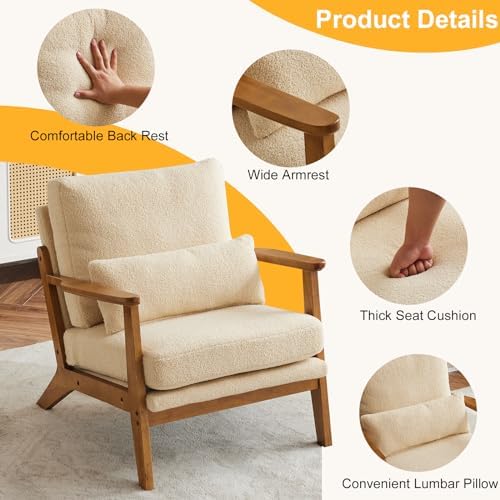 Karl home Mid-Century Lounge Accent Chair, Khaki | Wide Curved Armrest, Teddy Fleece, Lumbar Pillow Included, Solid Wood Frame, For Living Room, Bedroom, Balcony, Apartment