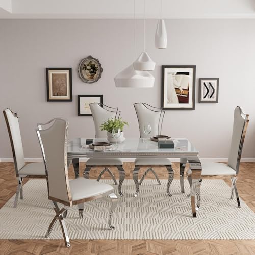 Asday Dining Chairs Set of 6, White Faux Leather and Silver Streamlined High Back Dining Room Chairs with Curved and X Stainless Steel Legs