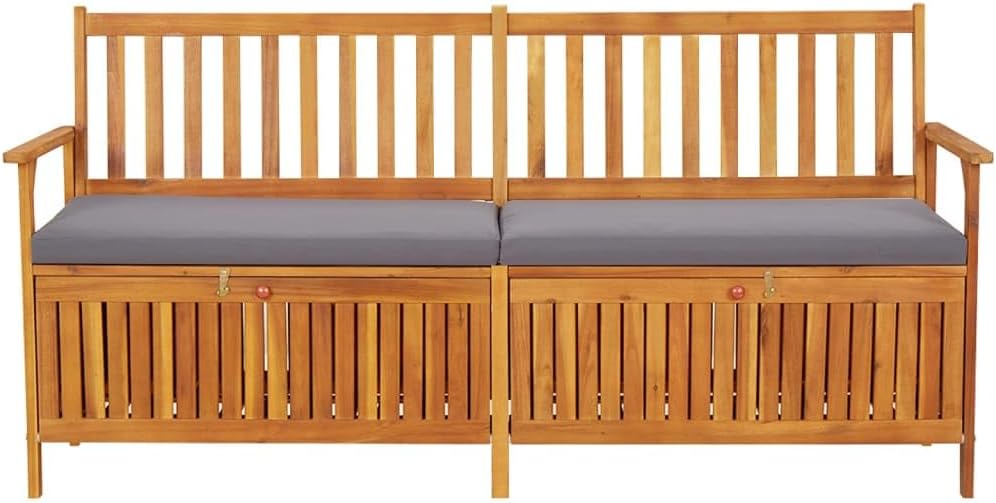67 Inch Outdoor Storage Bench with Cushion, Solid Acacia Wood Black and Brown Patio Seat for Three, Modern Garden Storage Box for Cushions and Tools