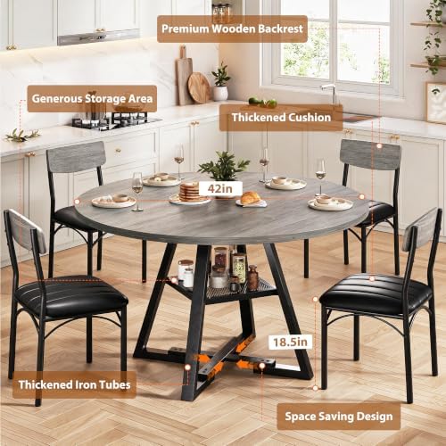 Dining Table Set for 4,Kitchen Table and Chairs for 4, Round Dining Room Table with Upholstered Chairs, 5 Piece Space Saving Circle Wood Kitchen & Dining Room Dinner Dinette Table Set (Gray, 42In)