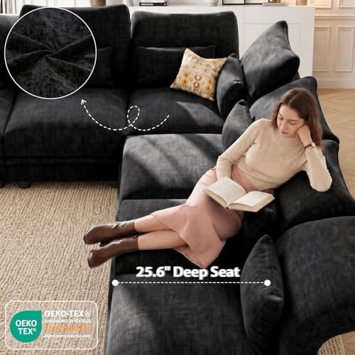 LLappuil Deep Modular Sectional Sofa Sleeper 12 Person Chenille Sectional Couches for Living Room with Storage Ottoman, Adjustable Arms Backs Black