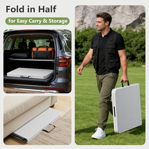 Folding Dining Table Set for 4, 5FT Foldable Plastic Table with Carrying Handle & 4 PU Leather Padded Folding Chairs, Portable Table and Chairs Set for Indoor Outdoor, Party, Wedding, Picnic, Camping