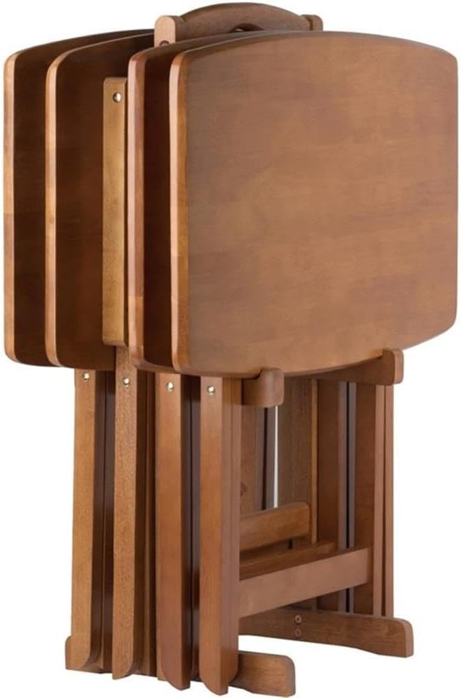 Pemberly Row 24" W x 12" D Transitional Oversized Solid Wood Snack Table Set with Storage Stand, Curved Sides, Rounded Corners, X-Frame Bases, No Assembly Required, in Brown Finish (Set of 5)