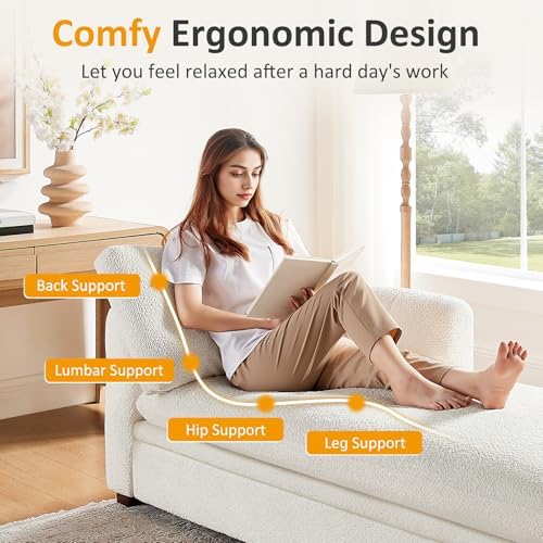 VANOMi Oversized 70.47'' Chaise Lounge Chair with Storage, Boucle White | Upholstered Sofa Bed with Thick Cushion, Left Armrest, Leisure Recliner Chair for Living Room, Bedroom, Indoor, Back Pillow