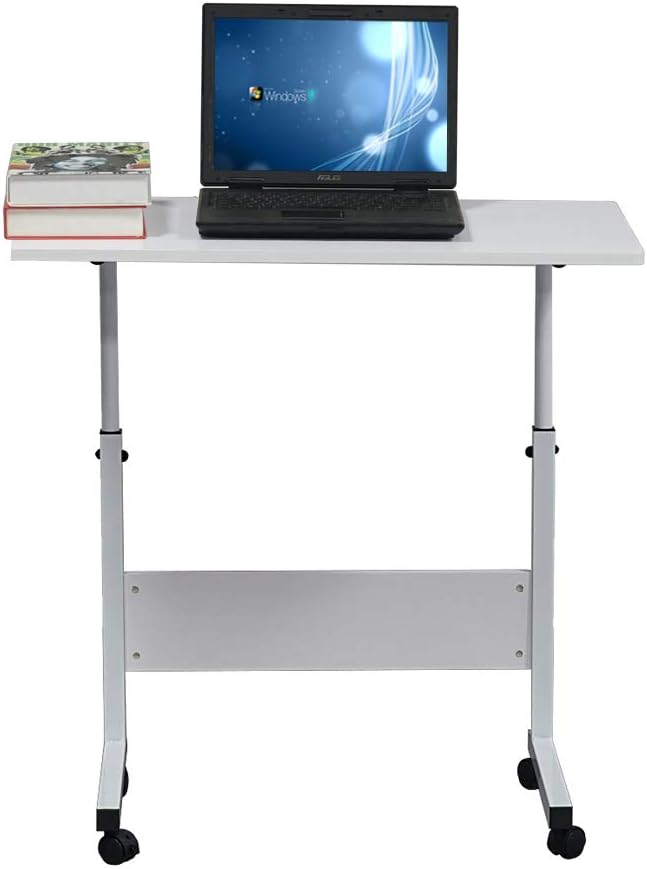Portable Laptop Computer Desk Stand with Wheels, Rolling Sofa Side Snack Table, Height Adjustable Breakfast TV Tray Bedside Coffee， White L