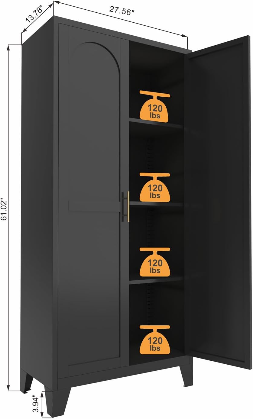 61" Tall Kitchen Pantry Cabinet, Black Metal Garage Storage Cabinet with Doors and Adjustable Shelves, Kitchen Cupboard, Pantry Cabinets for Kitchen, Dining Room, Office, Easy Assembly