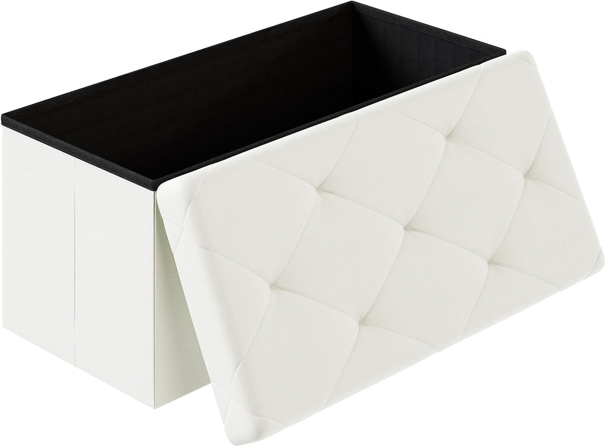 Sweetcrispy 30 Inch Folding Storage Ottoman Bench, Ottoman with Storage | Foot Rest Stool with Padded Seat, End of Bed Storage Bench for Living Room, Bedroom, Loads 660 LBS, Synthetic Leather, Beige