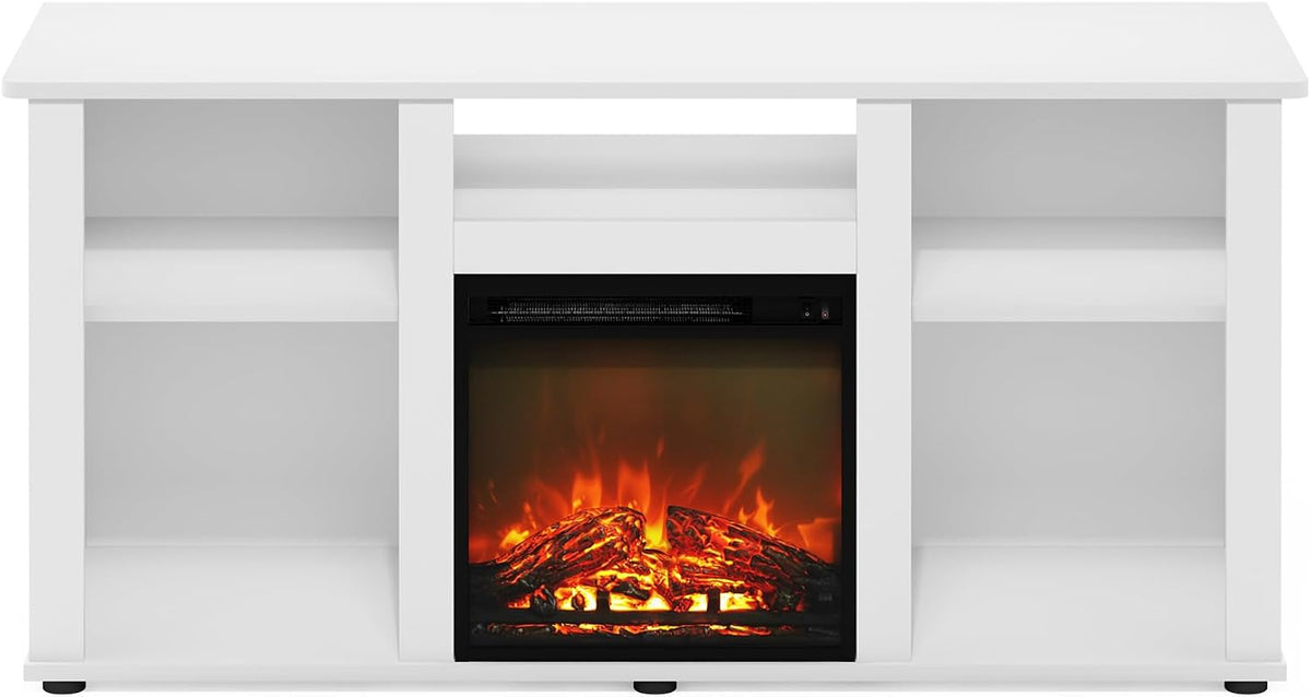 Furinno Jensen Fireplace TV Stand, Entertainment Center, TV Console for TV up to 55 Inch with Fireplace and Open Storage Compartment, for Living Room, Bedroom, Solid White