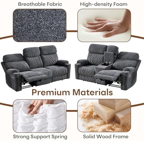 HAOMARKETS 3-Piece Recliner Sofa Set with Charging Ports, Include 2 Power Recliner Chairs and Electric 2-Seater Loveseat Reclining Couch with Hidden Storage and Cup Holders for Living Room, Dark Grey