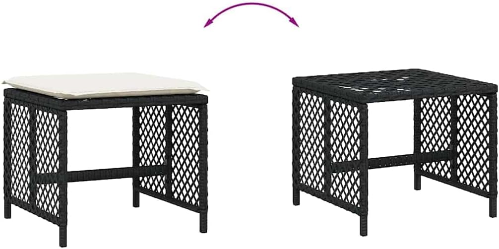 4-Piece Garden Stool Set in Black with Poly Rattan and Powder-Coated Steel, Square Outdoor Seats with Removable Washable Cushion Covers, 14.2-Inch Height for Patio Balcony