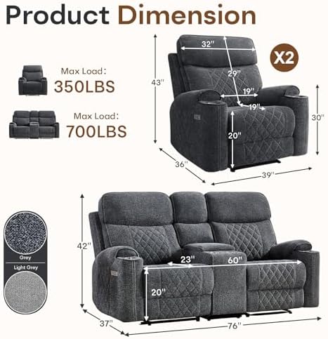 HAOMARKETS 3-Piece Recliner Sofa Set with Charging Ports, Include 2 Power Recliner Chairs and Electric 2-Seater Loveseat Reclining Couch with Hidden Storage and Cup Holders for Living Room, Dark Grey