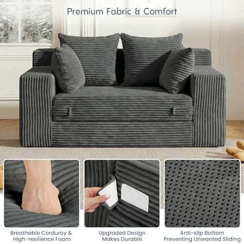 cidludto Couch Loveseat Sleeper, Convertible Sofa Bed Folding Couch Bed Foldable, 2 in 1 Chair Bed & Futon Sofa Bed, Small Pull Out Sofa with 4 Pillows for Living Room, Grey