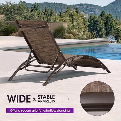 PURPLE LEAF Patio Pool Chaise Lounge Set of 3 Bronze Aluminum Chair, Brown | 2 Chaise + 1 Table, UV Textilene Fades Less, S-Curve Backrest with Arm, 5 Recline Angles, Adjustable Headrest, Stackable