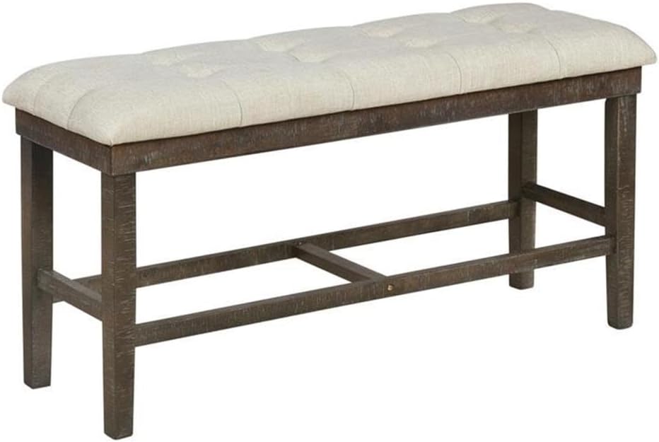 MAKLAINE Upholstered Counter Height Dining Bench, Beige Linen Fabric, Tufted Seat, Rustic Dark Oak Wood Base, 48" L x 16" W x 24" H, Sturdy Kitchen Seating for 2 People