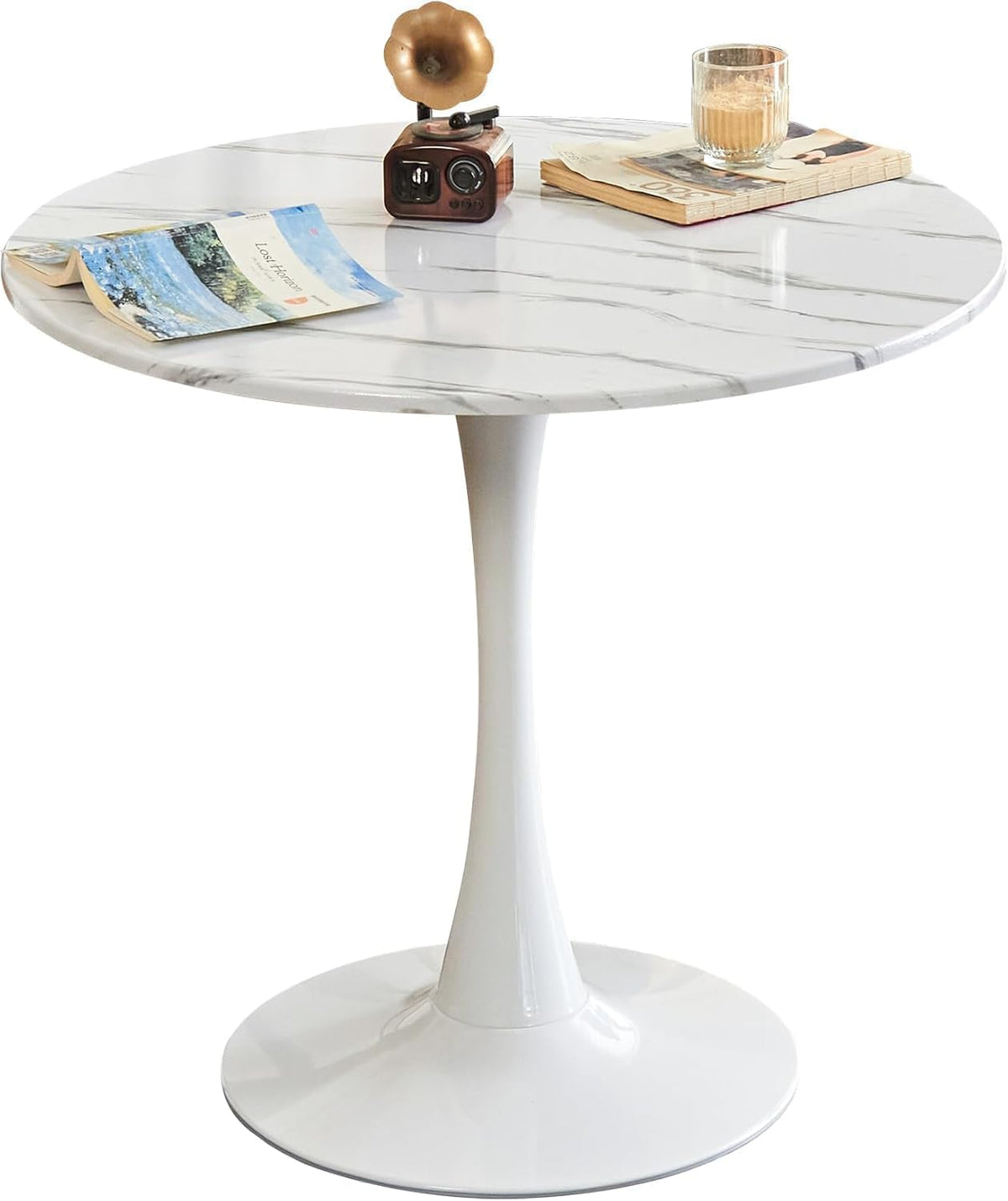 Round Dining Tulip Table for 4, Mid-Century Modern Table with Sturdy Metal Pedestal for Kitchen, Bistro, Cafe, Leisure (Faux Marble White, 31.5 INCH)