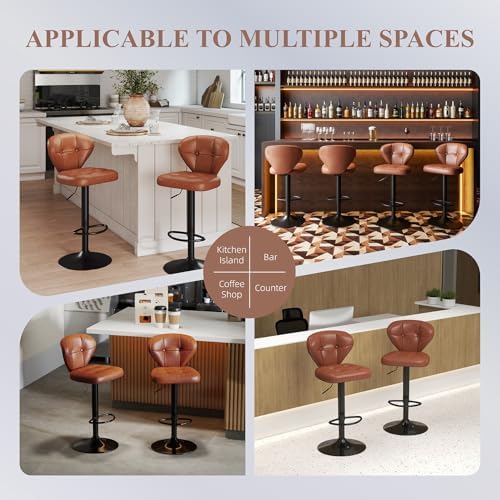 Bar Stools Set of 3 - Swivel Counter Height Barstools (Height Adjustable) | Modern Faux Leather Barstool/Chairs with High Backrest, 16.14" Large Base, Suitable for Kitchen Island, Dining Room (Brown)
