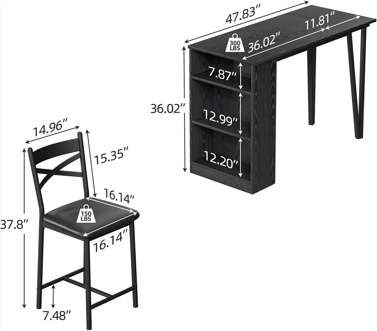 GAOMON 3 Piece Bar Table Set for 2, Bar Table and Chairs Set with with Flip Top Extension, Dining Table Set with Storage Shelves, Suitable for Small Space Kitchen Apartment, Black