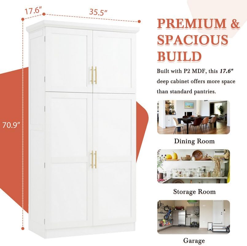 LUMISOL Kitchen Pantry Cabinet, 70.9" Tall Cupboard Storage Cabinet with Adjustable Shelves and Door Shelves, Freestanding Kitchen Hutch with 8 Pull-Out Trays for Dining Room Living Room, White