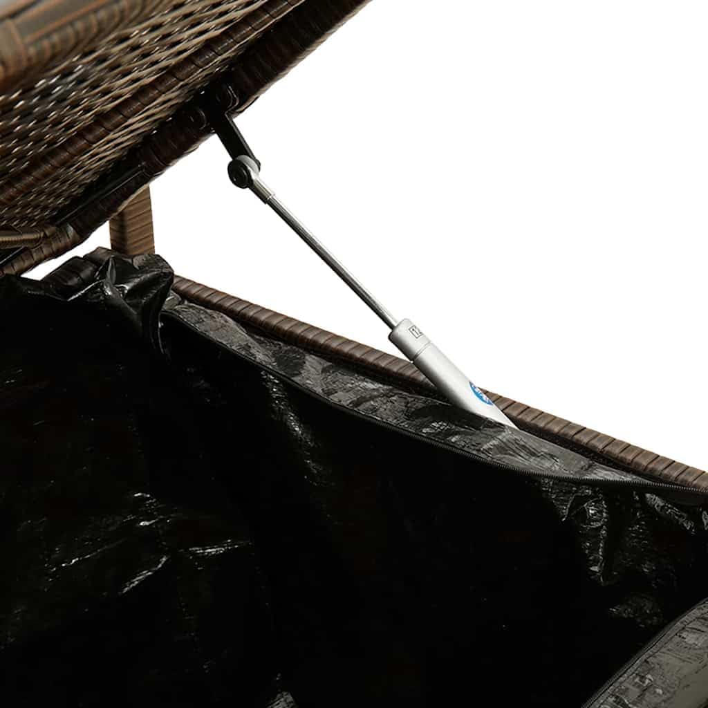 Brown Poly Rattan Patio Storage Bench with Cushion, Outdoor Seat with Waterproof Storage Bag and Gas Spring Lid