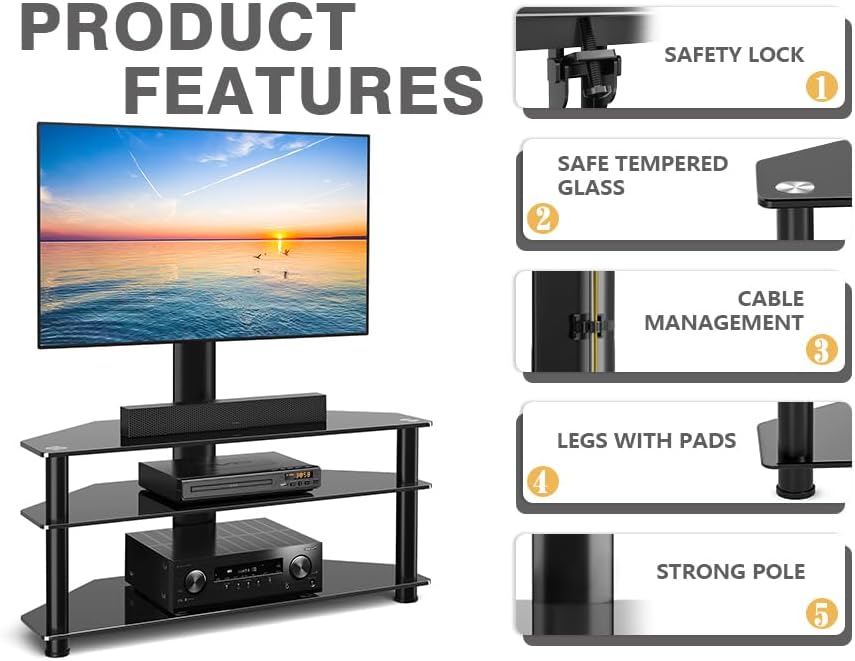 TAVR Furniture Swivel Floor TV Stand for 32-70 Inch TVs - Universal Height Adjustable TV Floor Stand with Shelves Perfect for Bedroom and Corner, TV Mount Stand VESA 600x400mm Holds up to 88lbs, Black