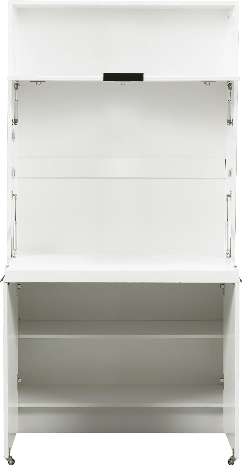 Tall Pantry Cabinet with Power Outlet, Multifunctional Cupboard with Adjustable Shelf, Hutch and Foldable Workstation for Dining Room, Living Room (White)