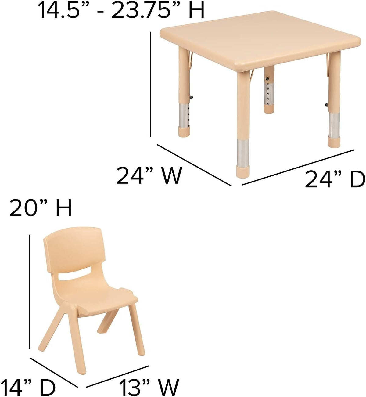 Flash Furniture 24" Square Natural Plastic Height Adjustable Activity Table Set with 2 Chairs