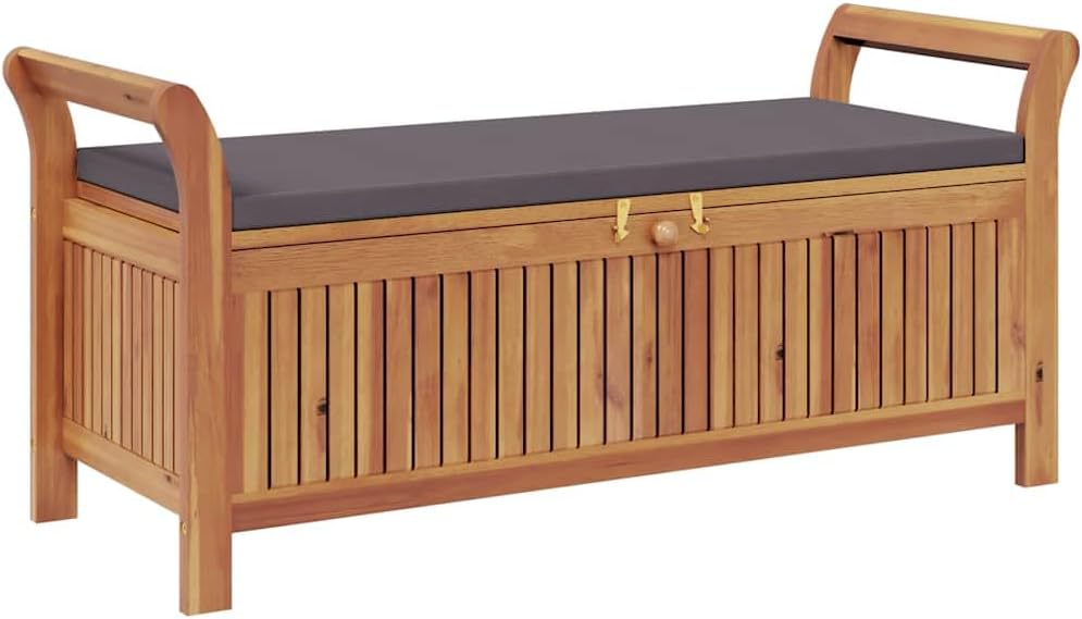 Acacia Wood Outdoor Storage Bench with Cushion, 49.6" Patio Storage Bench with Curved Arms, Garden Seat for Pillows and Blankets