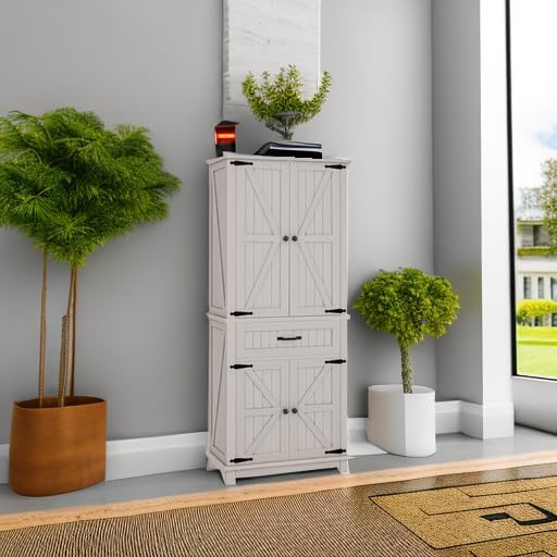 DWVO 72" Tall Farmhouse Pantry Cabinet, Kitchen Storage Pantry with Barn Doors & Drawer, Versatile Organizer with Adjustable Shelves, Rustic Cupboard for Dining Room, Living Room, White Oak | Tall Farmhouse Kitchen Pantry Cabinet, Kitchen Cupboard