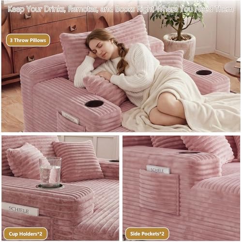 65" Oversized Chaise Lounge Chair Indoor, Chaise Lounge Chair with Cup Holders Side Pockets 3 Pillows, Cloud Corduroy Chaise Sofa Bed Sleeper Couches for Living Room No Assembly Require,Pink