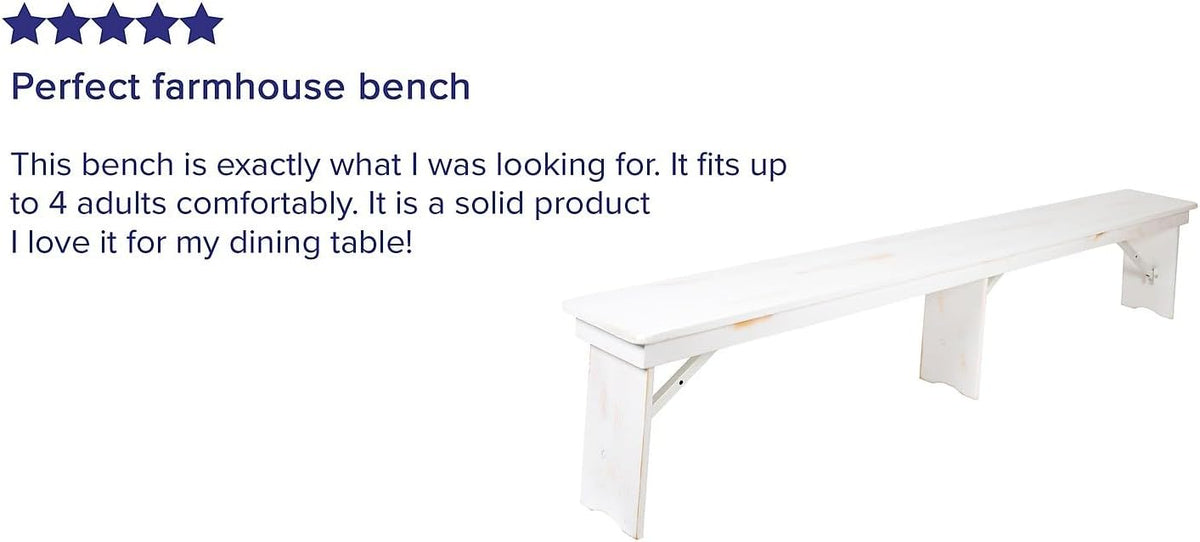 Flash Furniture Hercules Commercial Grade Farmhouse 3 Leg Bench - Solid Pine Foldable Bench with Seating for 4 - 8'x12" - Antique Rustic White