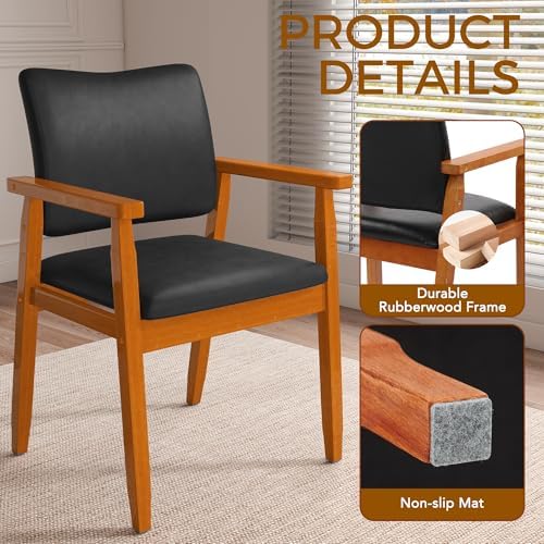 Dining Chairs with Arms Set of 4, Wood Frame Faux Leather Kitchen Chairs, Comfortable Upholstered Accent Chairs for Kitchen, Dining Room,and Living Room(Black)