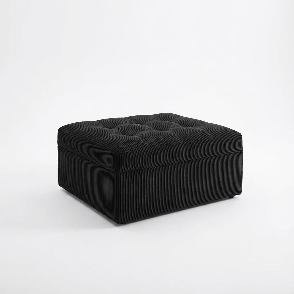 Black Corduroy Ottoman Footrest, Modular Cloud Couch Ottoman with Memory Foam, Upholstered Foot Stool for Living Room, Movable Sectional Ottoman, No Assembly Required