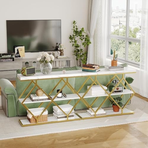 3-Tier Industrial Entryway Table with Diamond-Shaped Metal Frame, Open Shelf Console Sofa Table for Living Room, Hallway, Foyer Storage Accent Table with Adjustable Feet, Rustic Wood Top (White)