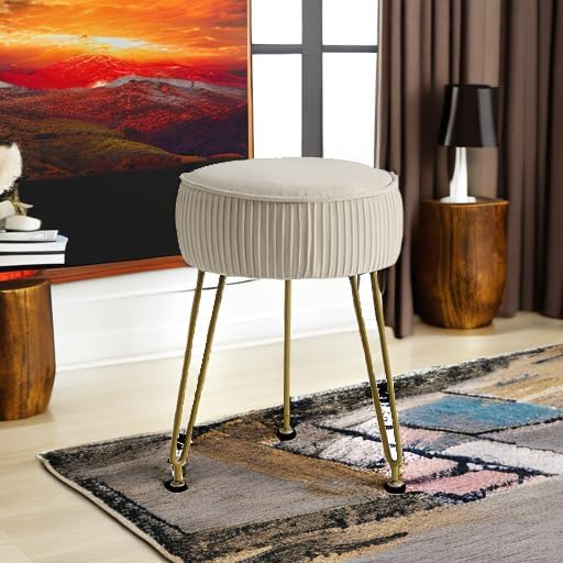 IBUYKE Makeup Vanity Stool, Velvet Round Footrest Ottoman, White LG-30M | Dressing Table Seat Pouf Couch chair Golden Steel Legs