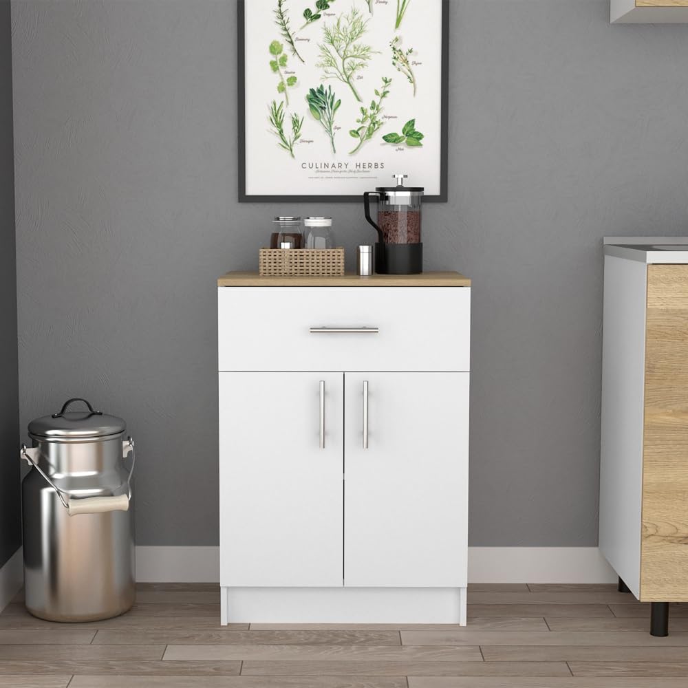 Pantry Organizer Cabinet 33" H,Buffet Kitchen Sideboard,One Drawer,Two Interior Shelves,Two Doors,White,Light Oak