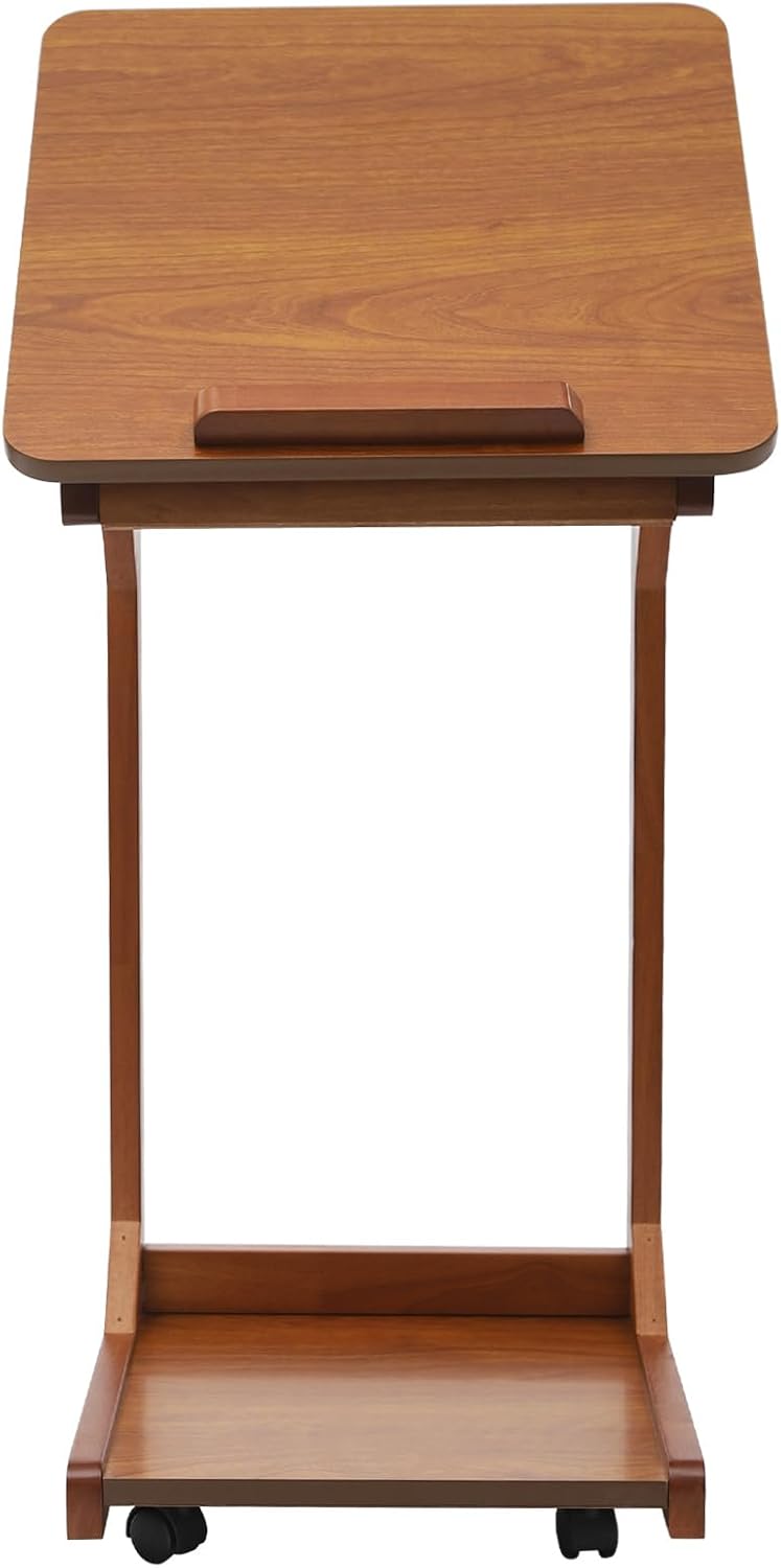 Mobile C-Shaped End Table,C Shaped Table for Couch with Concealed Storage Compartment,C Table with Lockable Wheels,55.12Lbs Load Adjustable Desktop Wooden Couch Table for Living Room,Bedroom (Walnut)