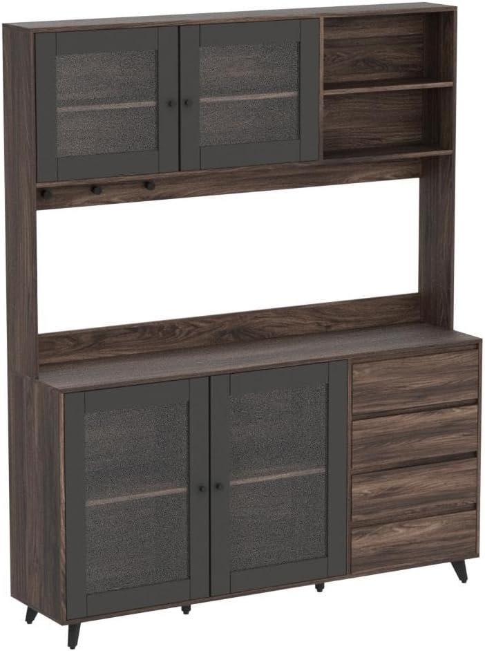 AGOTENI Large Kitchen Hutch Cabinet, Storage Cupboard Pantry with 4 Glass Doors, 4 Drawers & Microwave Shelf, for Kitchen Open Storage, Rustic Brown (63" W x 15.7" D x 74.8" H)