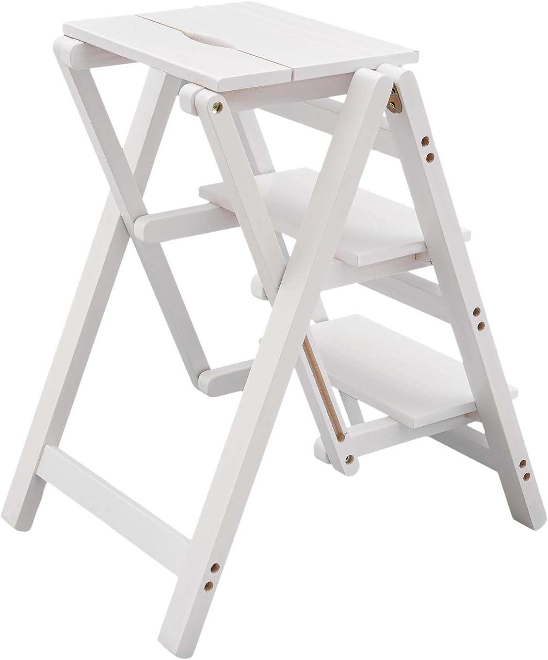 3-Step Ladder Chair Folding Step Stool Chair 22.44" L x 16.33" W x 25.6" H 220 LBS Load Capacity White Pinewood Counter Chairs for Kitchen Bedroom Living Room Warehouse, Space Saving