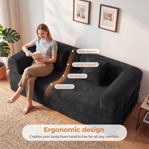 79" Convertible Futon Sofa Bed, Couch for Living Room | Corduroy Loveseat Sleeper Sofa, Modular Futon Couch with Fixed-Shape Frame, Pull Out Couch No Assembly | Black